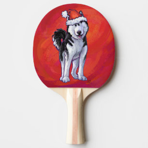 Raquette De Ping Pong Husky à Santa Hat Sur Rouge