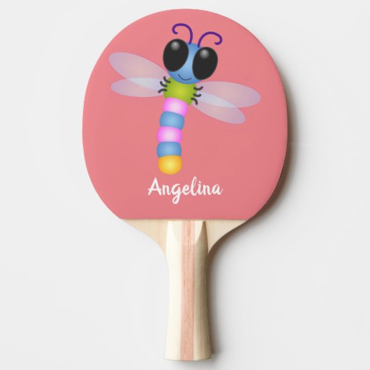 Raquette De Ping Pong Illustration d'une libellule bleu et rose (Devant)