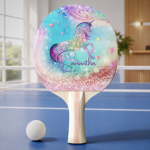 Raquette De Ping Pong Joli licorne rose paillettes arc-en-ciel aqua mono