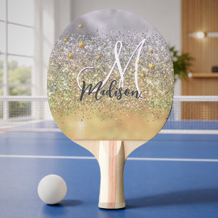 Raquette De Ping Pong Joli monogramme étoiles paillettes or argent