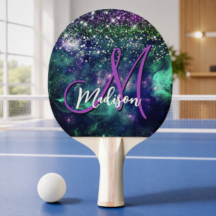 Raquette De Ping Pong Joli monogramme faux paillettes vert violet foncé