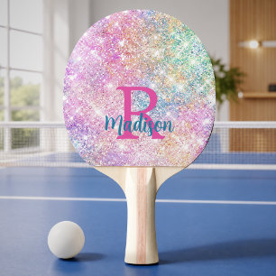 Raquette De Ping Pong Joli monogramme iridescent licorne rose faux paill