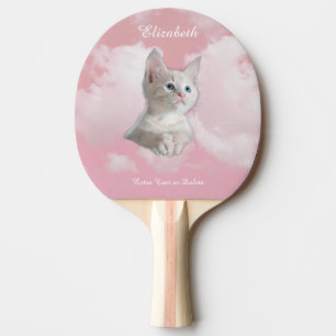 Raquette De Ping Pong Joli Petit Chat Blanc Ciel Rose Nuages Nom, Texte