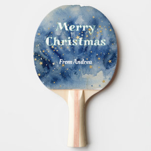 Raquette De Ping Pong joyeux noël bleu blanc étoiles aquarelle jaune
