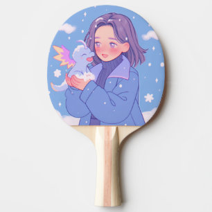 Raquette De Ping Pong Kawaii Anime Girl with Baby Dragon in Winter Snow