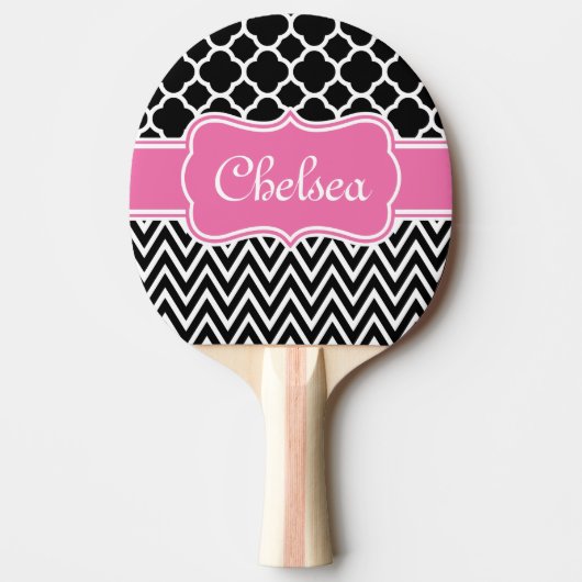 Raquette De Ping Pong Lattice noir / Chevron Motif Nom rose (Devant)