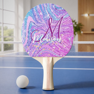 Raquette De Ping Pong Licorne arc-en-ciel scintillant art marbré féminin