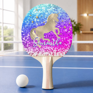 Raquette De Ping Pong Licorne mignonne rose paillettes arc-en-ciel monog