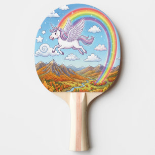Raquette De Ping Pong Licorne volante de dessin animé avec arc-en-ciel