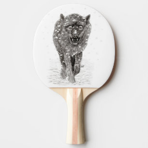 Raquette De Ping Pong Loup noir en colère dans la neige, hiver sauvage