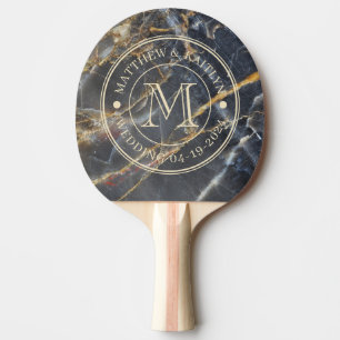 Raquette De Ping Pong Marbre Noir et Pierre Dorée Monogramme de Mariage