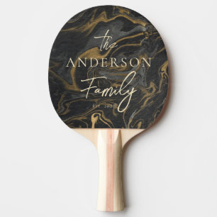 Raquette De Ping Pong Marbre Tourbillonnant Noir Or avec Nom de Famille