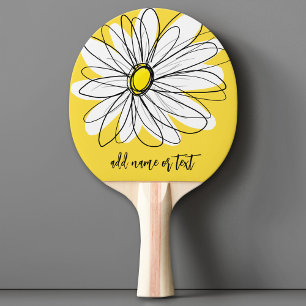 Raquette De Ping Pong Marguerite lunaire jaune et blanc avec texte perso
