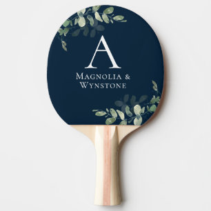 Raquette De Ping Pong Mariage de monogramme bleu marine Eucalyptus