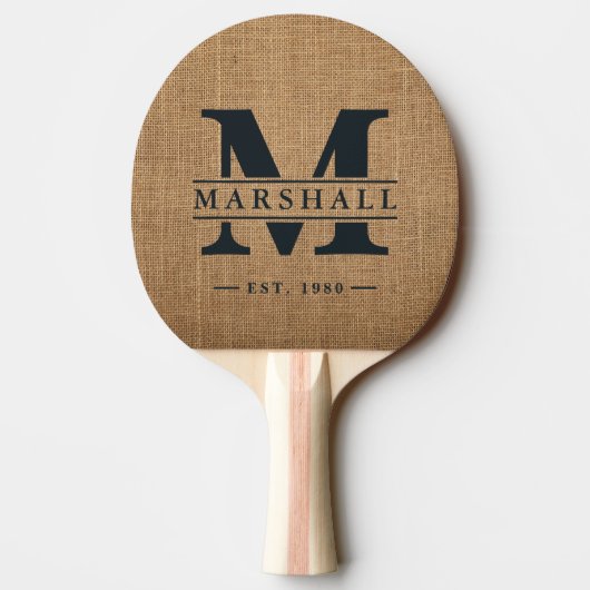 Raquette De Ping Pong Marron Burlap Monogramme & Superposition de nom (Dos)