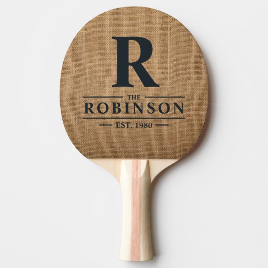 Raquette De Ping Pong Marron Burlap Nom de Famille & Initiale (Devant)