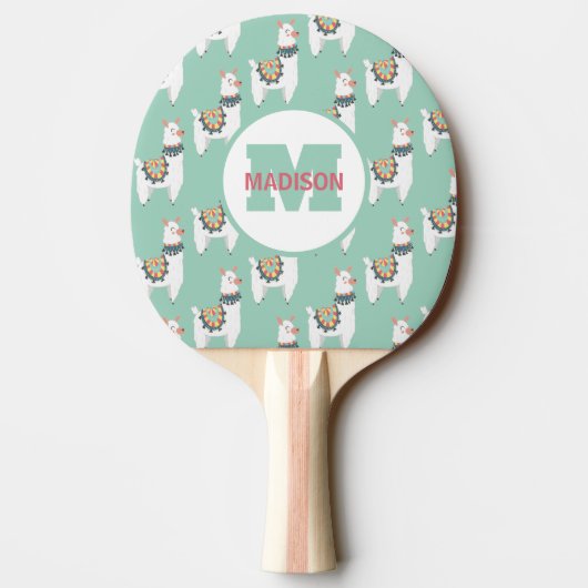 Raquette De Ping Pong Mélange Blanc Llamas Mint Vert Monogramme Nom init (Dos)