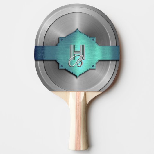 Raquette De Ping Pong Métallo bleu vert acier trompe l’oeil Monogramme (Devant)