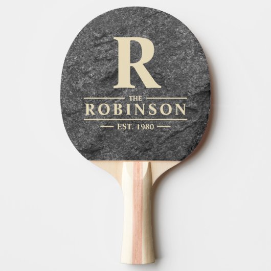Raquette De Ping Pong Modern Dark Granite Stone Family Name & Initial (Devant)