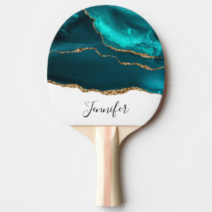 Raquette De Ping Pong Moderne Design Turquoise Agate & Gold Ribbon sur B