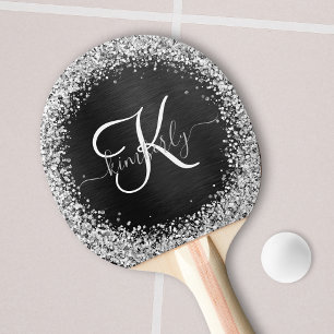 Raquette De Ping Pong Monogramme à étincelle noire à Parties scintillant