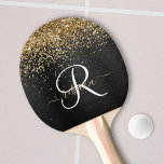 Raquette De Ping Pong Monogramme à étincelle noire à Parties scintillant<br><div class="desc">Personnalisez facilement ce design élégant de pagaie de ping-pong avec une jolie parties scintillant dorée brillante sur un arrière - plan métallique brossé noir.</div>