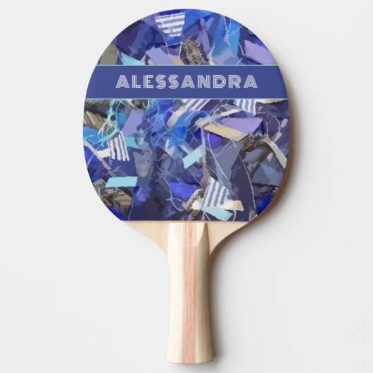 Raquette De Ping Pong Monogramme bleu abstrait motif bande violet blanc (Devant)