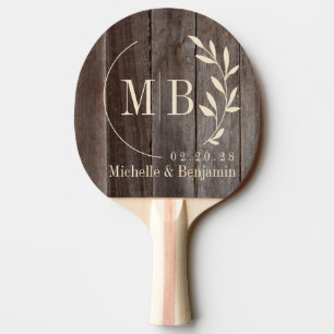 Raquette De Ping Pong Monogramme de mariage aux feuilles sur planches vi