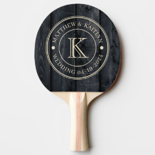 Raquette De Ping Pong Monogramme de mariage Bois Brûlé Foncé