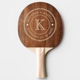 Raquette De Ping Pong Monogramme de mariage en bois de noyer rustique