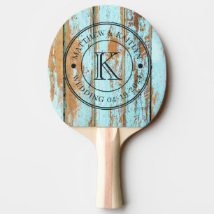 Raquette De Ping Pong Monogramme de mariage en bois lavé bleu