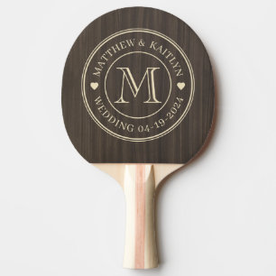 Raquette De Ping Pong Monogramme de mariage en bois moderne sombre avec