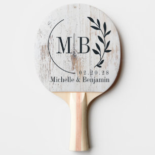 Raquette De Ping Pong Monogramme de mariage en bois peint blanc en forme
