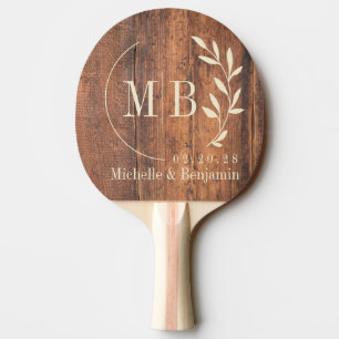 Raquette De Ping Pong Monogramme de mariage en bois récupéré en forme de