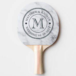 Raquette De Ping Pong Monogramme de mariage en marbre blanc propre moder