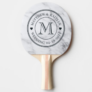 Raquette De Ping Pong Monogramme de mariage en marbre blanc propre moder