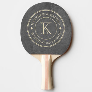 Raquette De Ping Pong Monogramme de mariage en pierre d'ardoise foncée