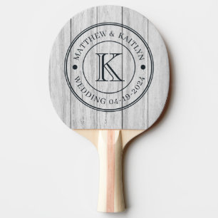 Raquette De Ping Pong Monogramme de mariage en planches de bois gris vin