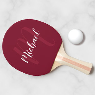 Raquette De Ping Pong Monogramme de script personnalisé et nom Bourgogne