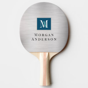 Raquette De Ping Pong Monogramme DIY & Nom Bl/Teal, Bleu, Argent Brossé