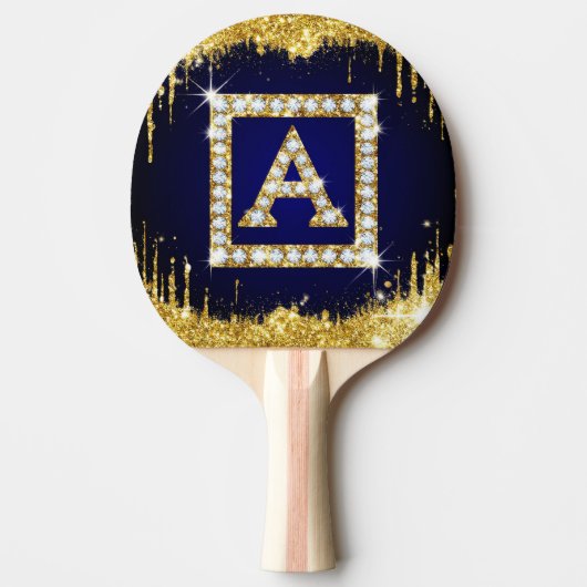 Raquette De Ping Pong Monogramme doré initial A avec paillettes bleues (Devant)