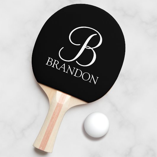 Raquette De Ping Pong Monogramme et nom de script personnalisé noir