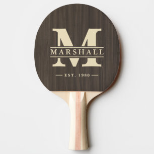 Raquette De Ping Pong Monogramme et nom en bois sombre moderne superposé