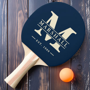 Raquette De Ping Pong Monogramme et nom en superposition bleu mer profon