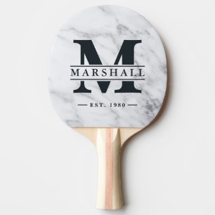 Raquette De Ping Pong Monogramme et nom superposés en marbre blanc propr