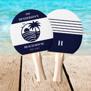 Raquette De Ping Pong Monogramme Familial Palmier Rayures Marine Côtière