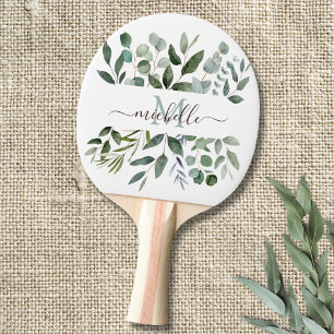 Raquette De Ping Pong Monogramme feuilles de verdure d'eucalyptus vert s