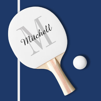 Raquette De Ping Pong Monogramme gris et nom Personnalisé