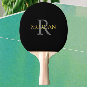 Raquette De Ping Pong Monogramme gris tendance et nom or sur noir
