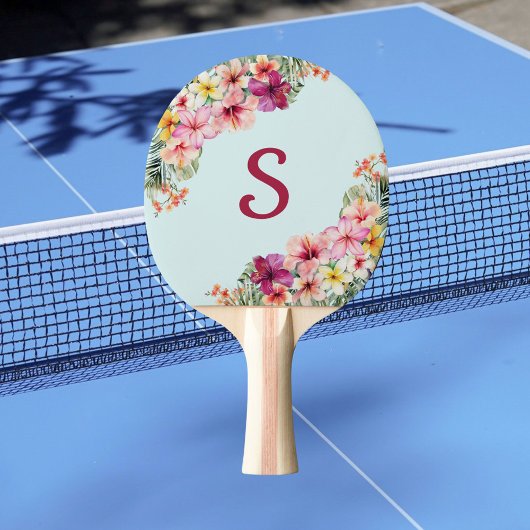 Raquette De Ping Pong Monogramme Hibiscus rose Fleurs tropicales florale